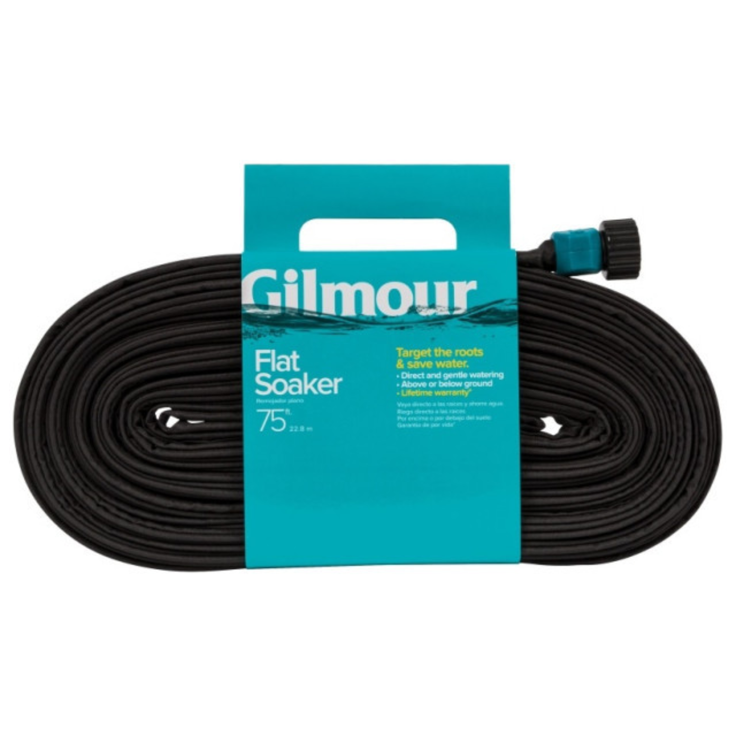 Gilmour flat soaker hose with packaging on a white background