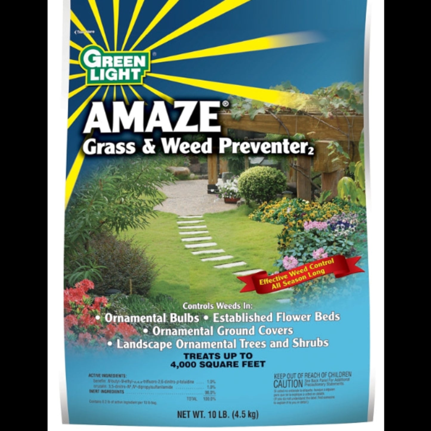 Packaging for Green Light Amaze grass and weed preventer, featuring product information and usage instructions with a background of a landscaped garden.