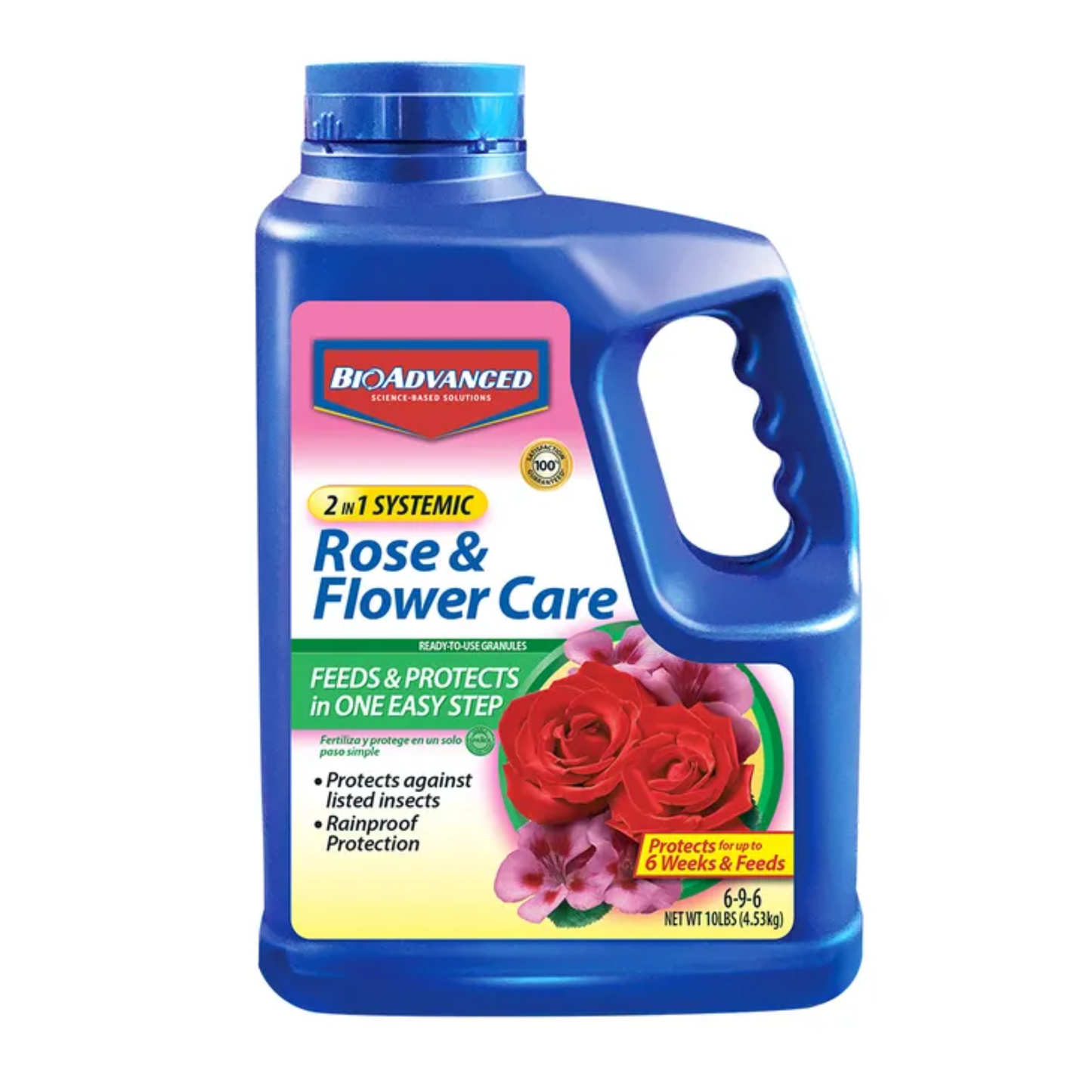 Blue bottle of BioAdvanced Rose & Flower Care on a white background