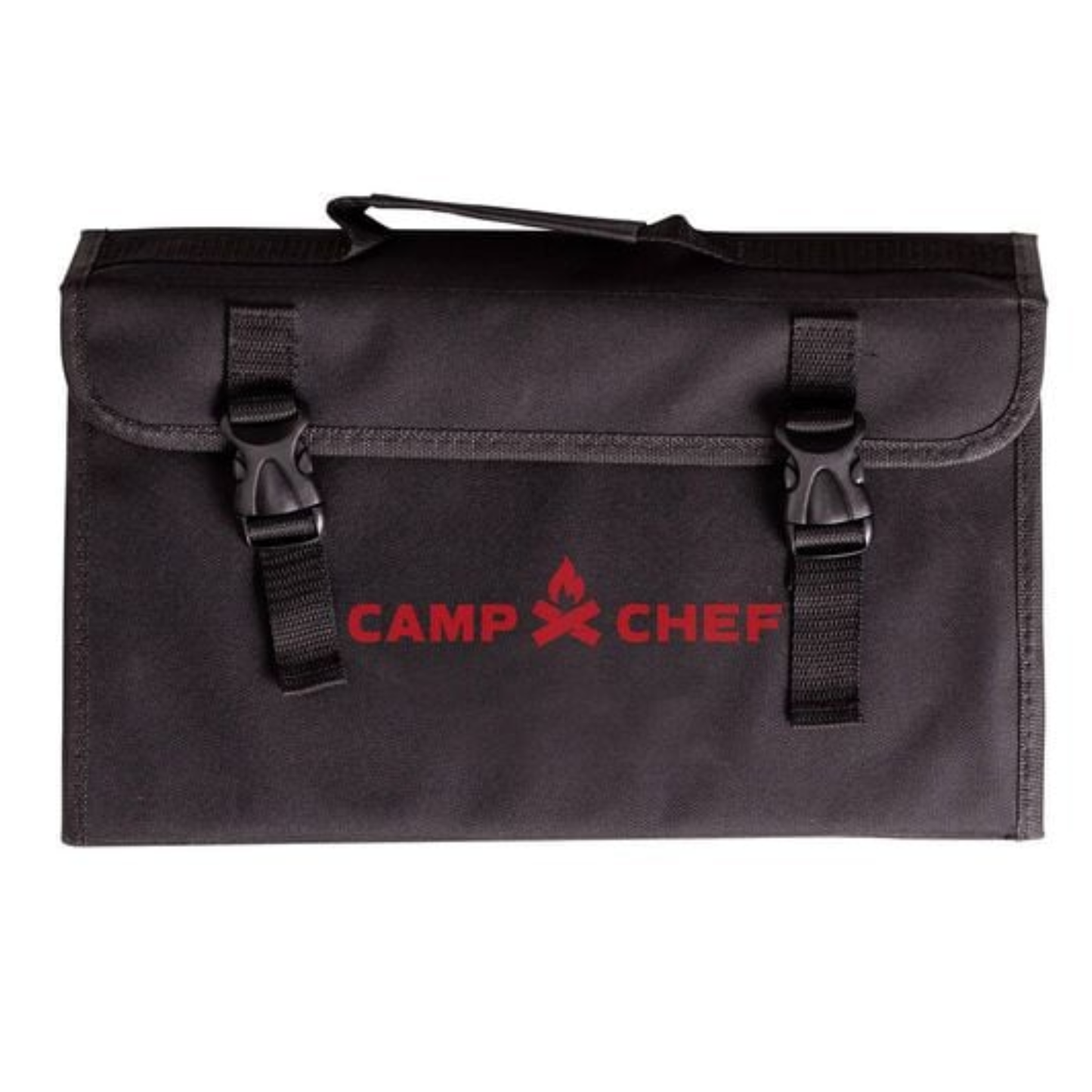Black knife case with red logo folded up on a white background.