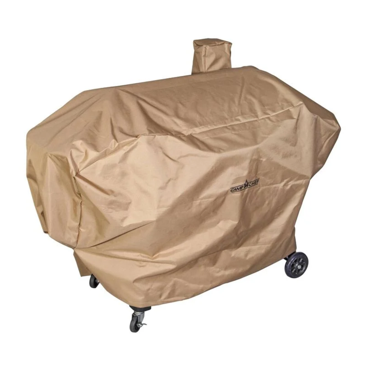 Beige grill cover with wheels on a white background