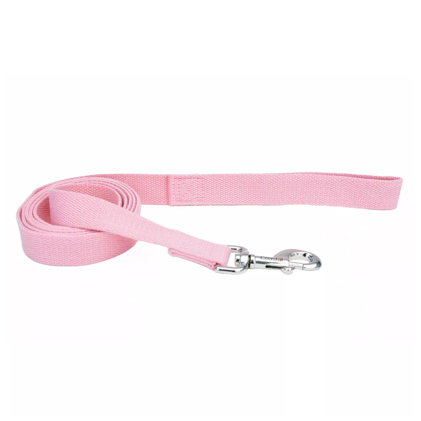 Pink dog leash with a metal clip on a white background