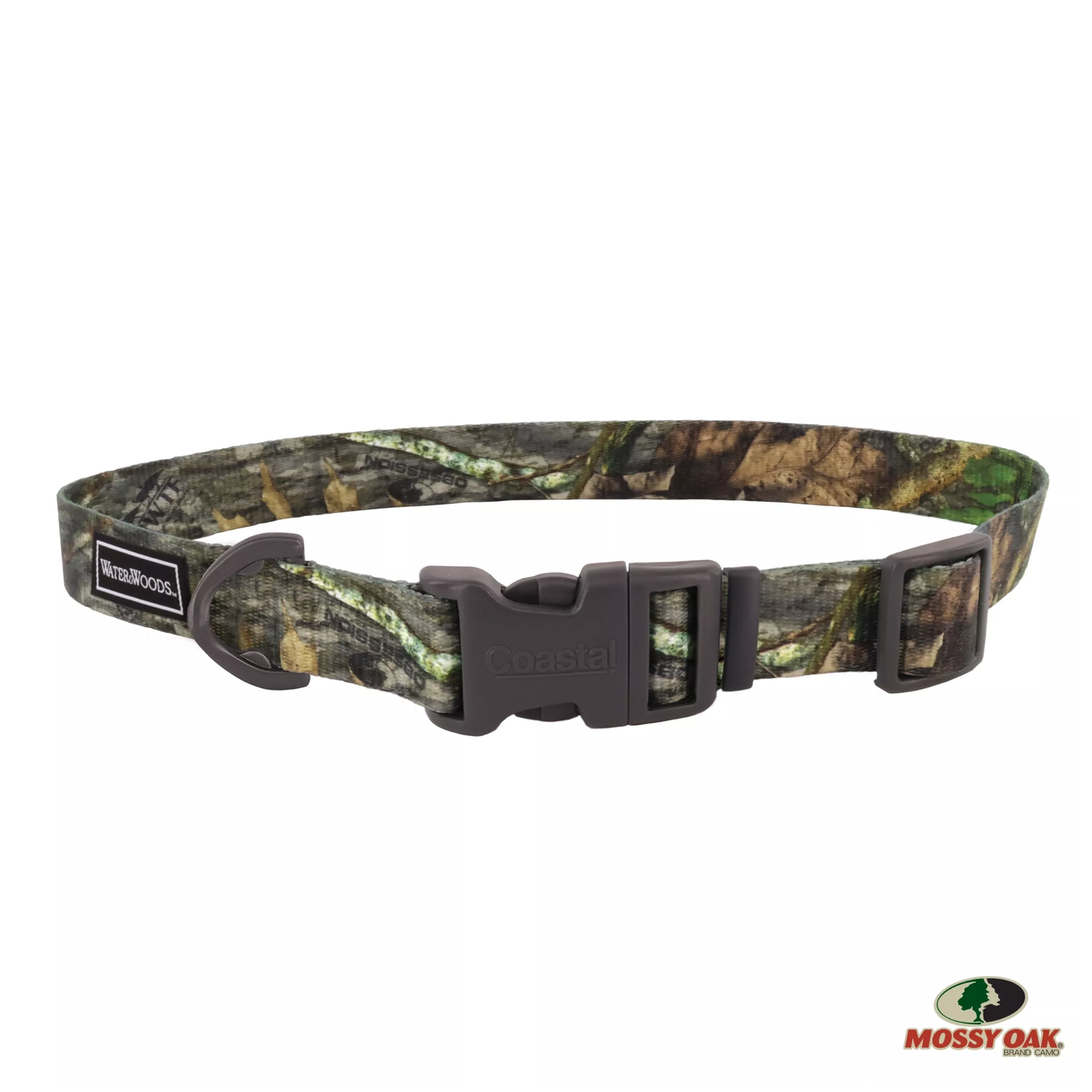 Camouflage dog collar with a visible brand logo on a white background