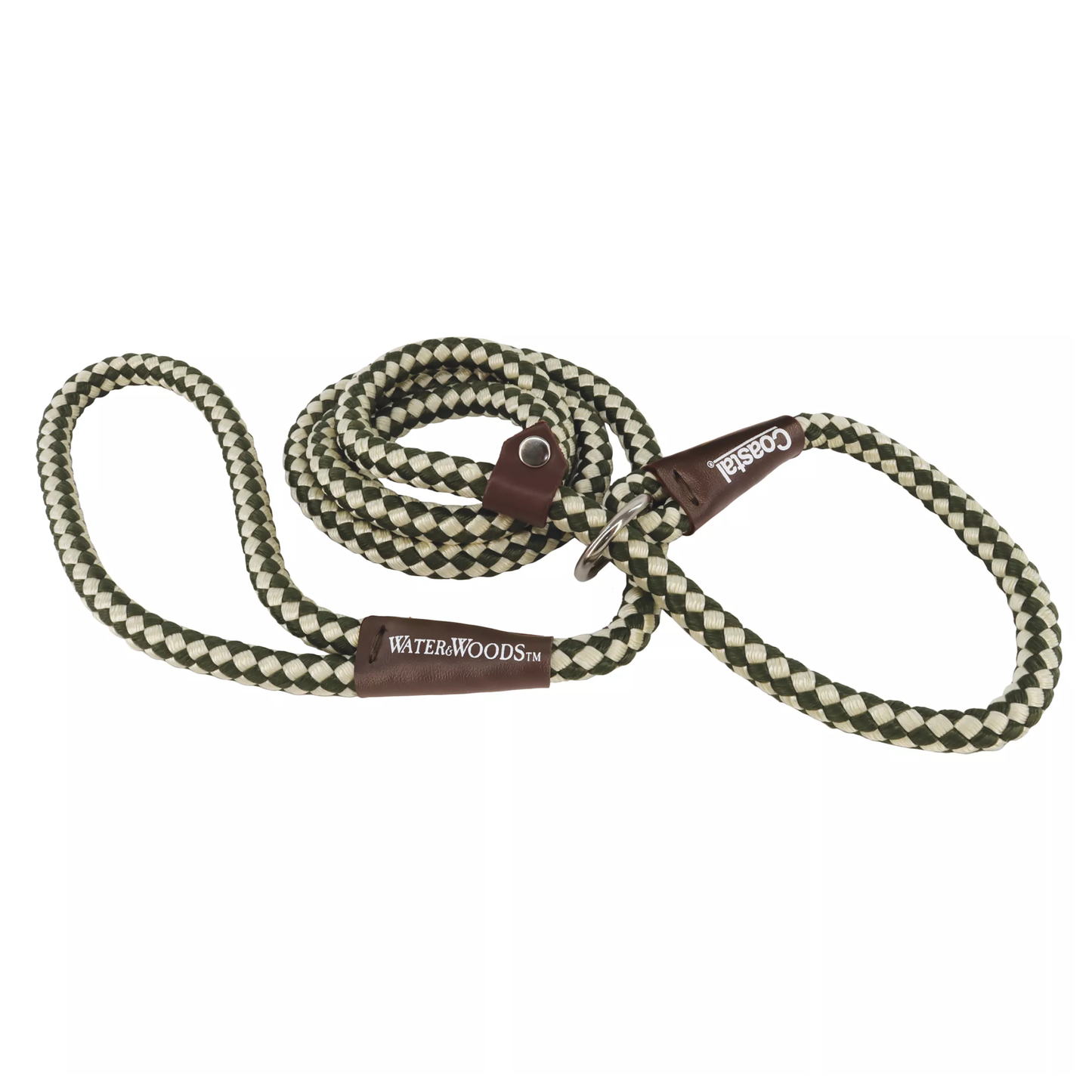 Checkered dog leash with brown leather ends and 'Water&Woods' branding on a white background