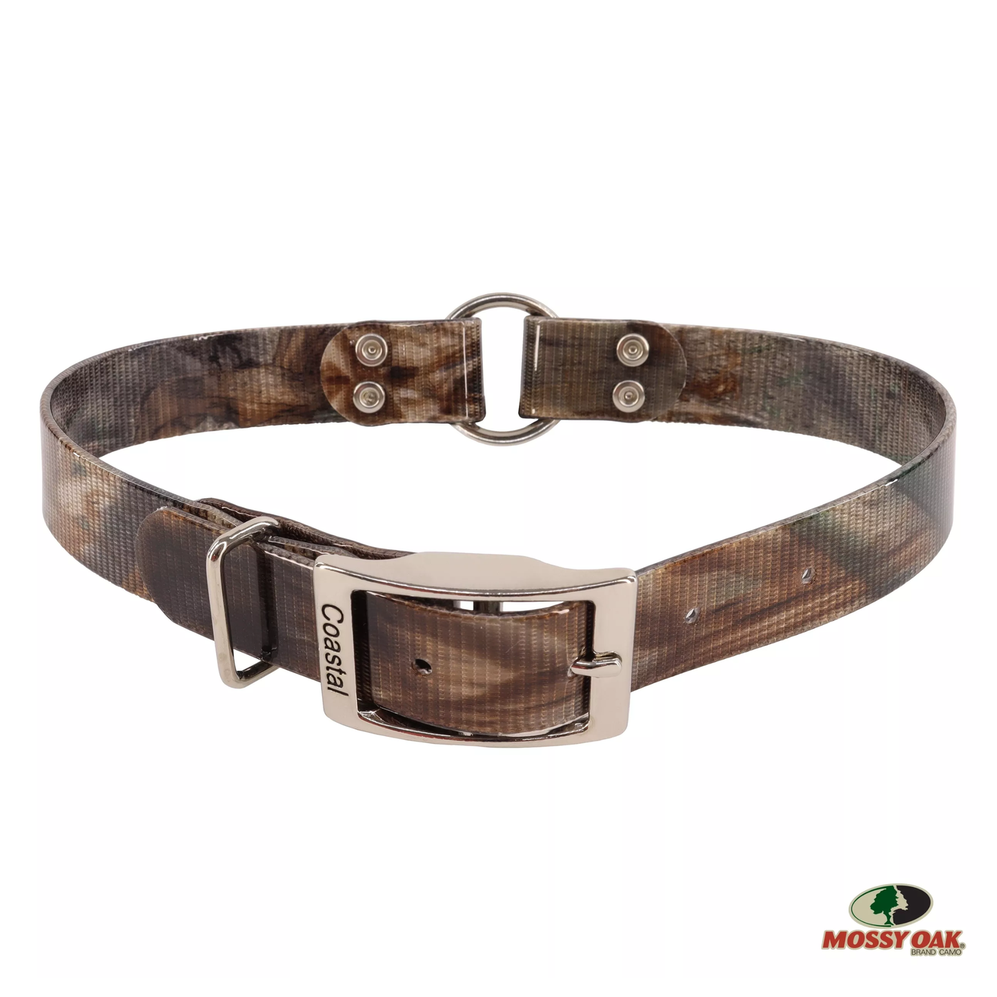 Camouflage dog collar with silver buckle on a white background, featuring Mossy Oak branding.