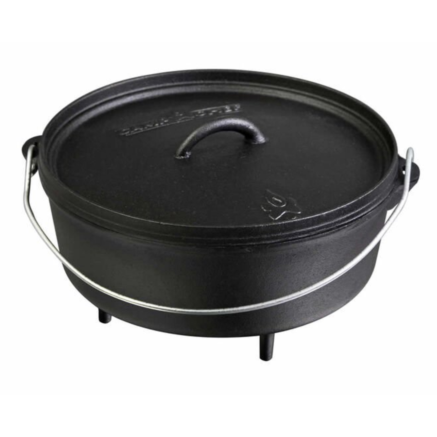 A black dutch oven on a white background.