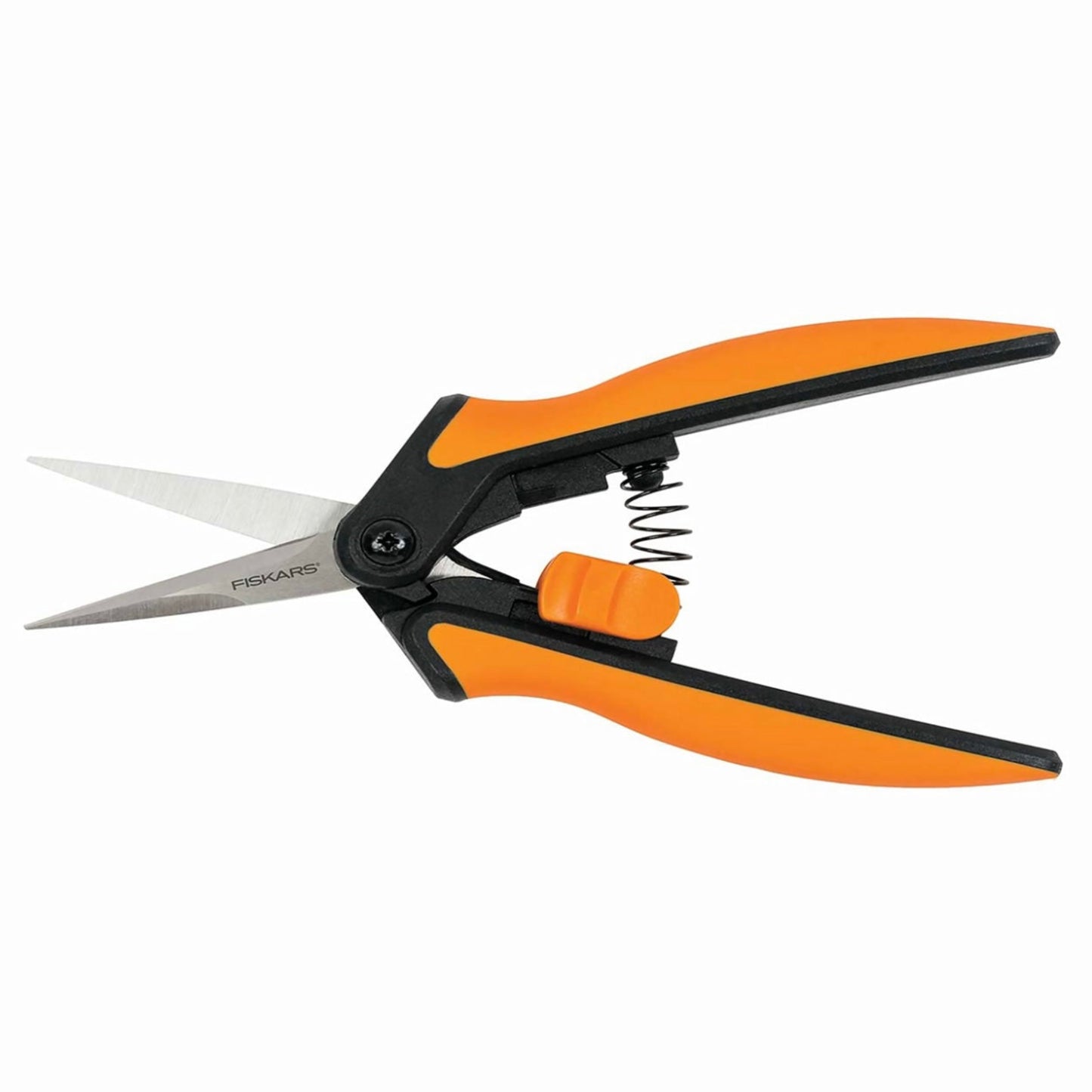 Orange and black pruning shears on a white background