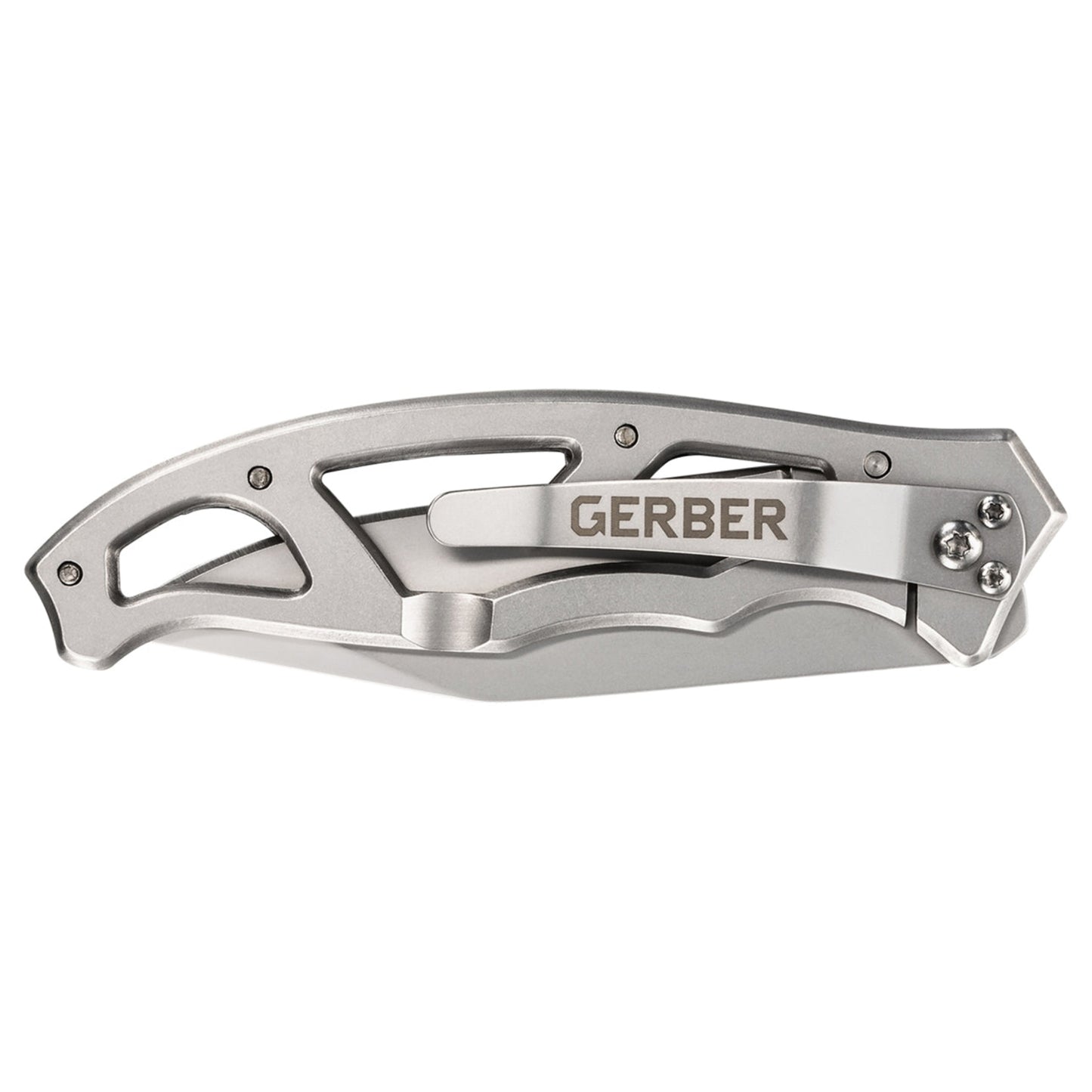 Silver Gerber folding knife on a white background
