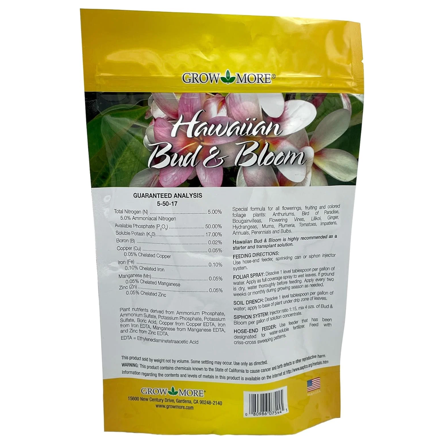 Grow More Hawaiian Bud & Bloom fertilizer packaging with floral design and product details.