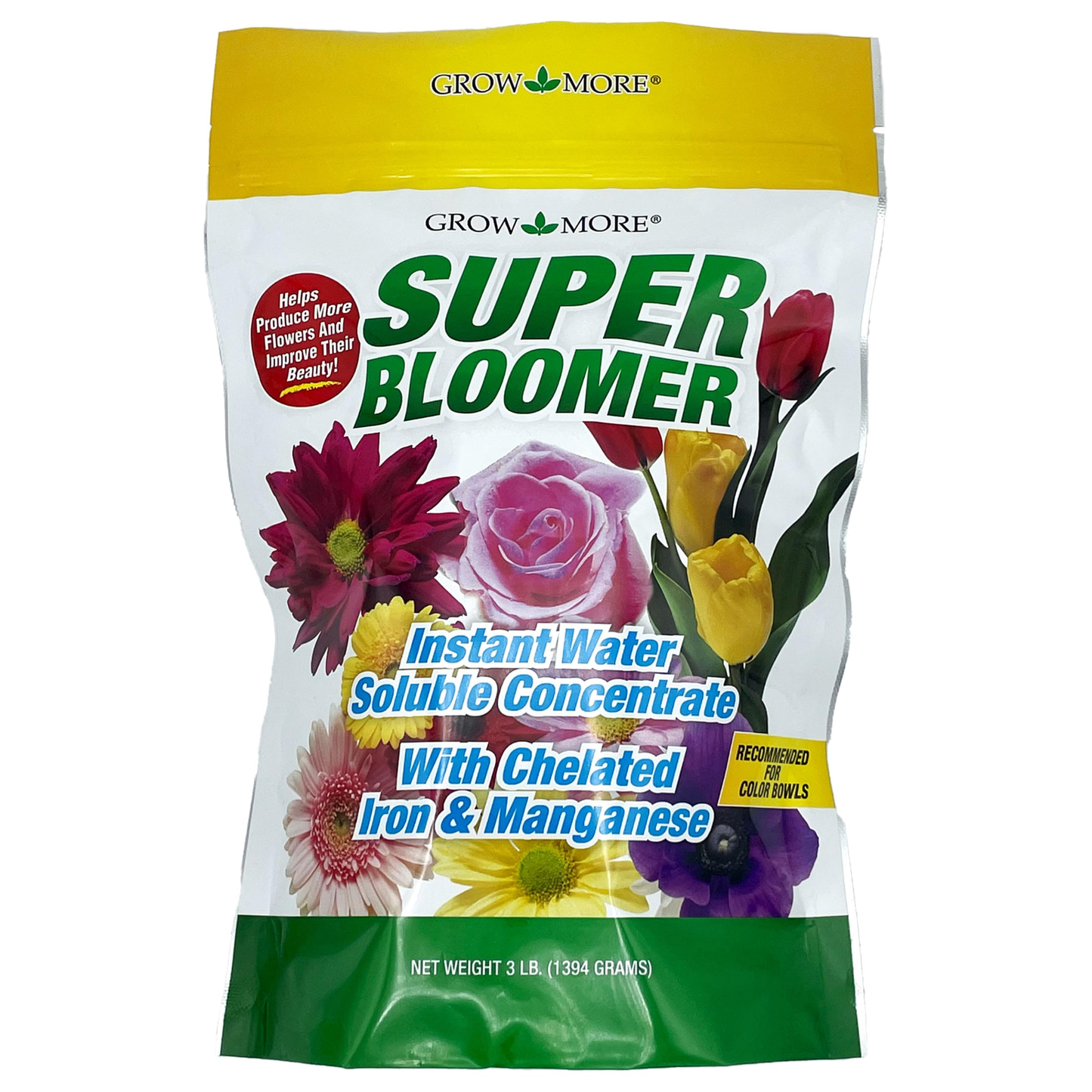 Grow More Super Bloomer fertilizer package with images of flowers on a white background