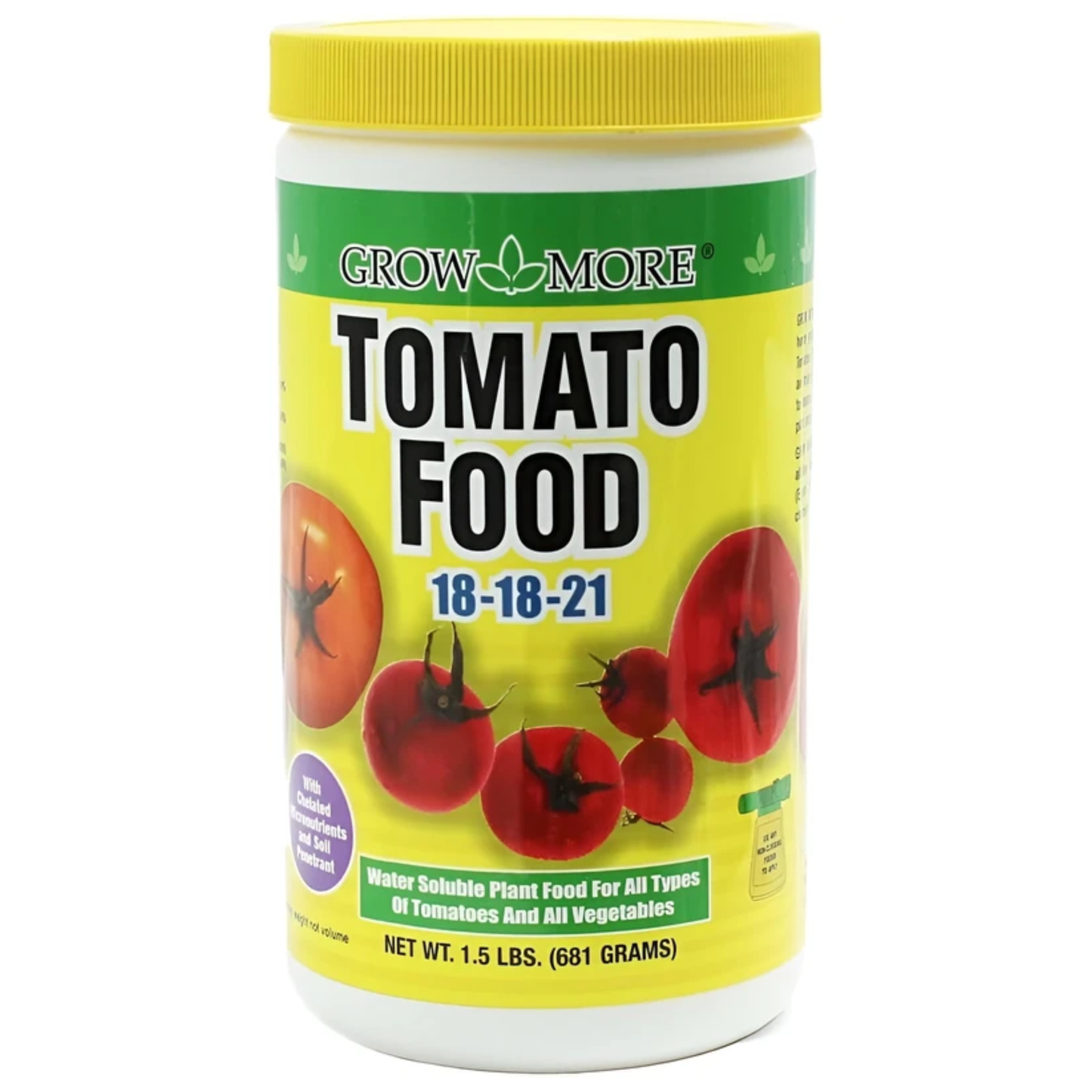 Grow More Tomato Food container with a yellow lid and label on a white background