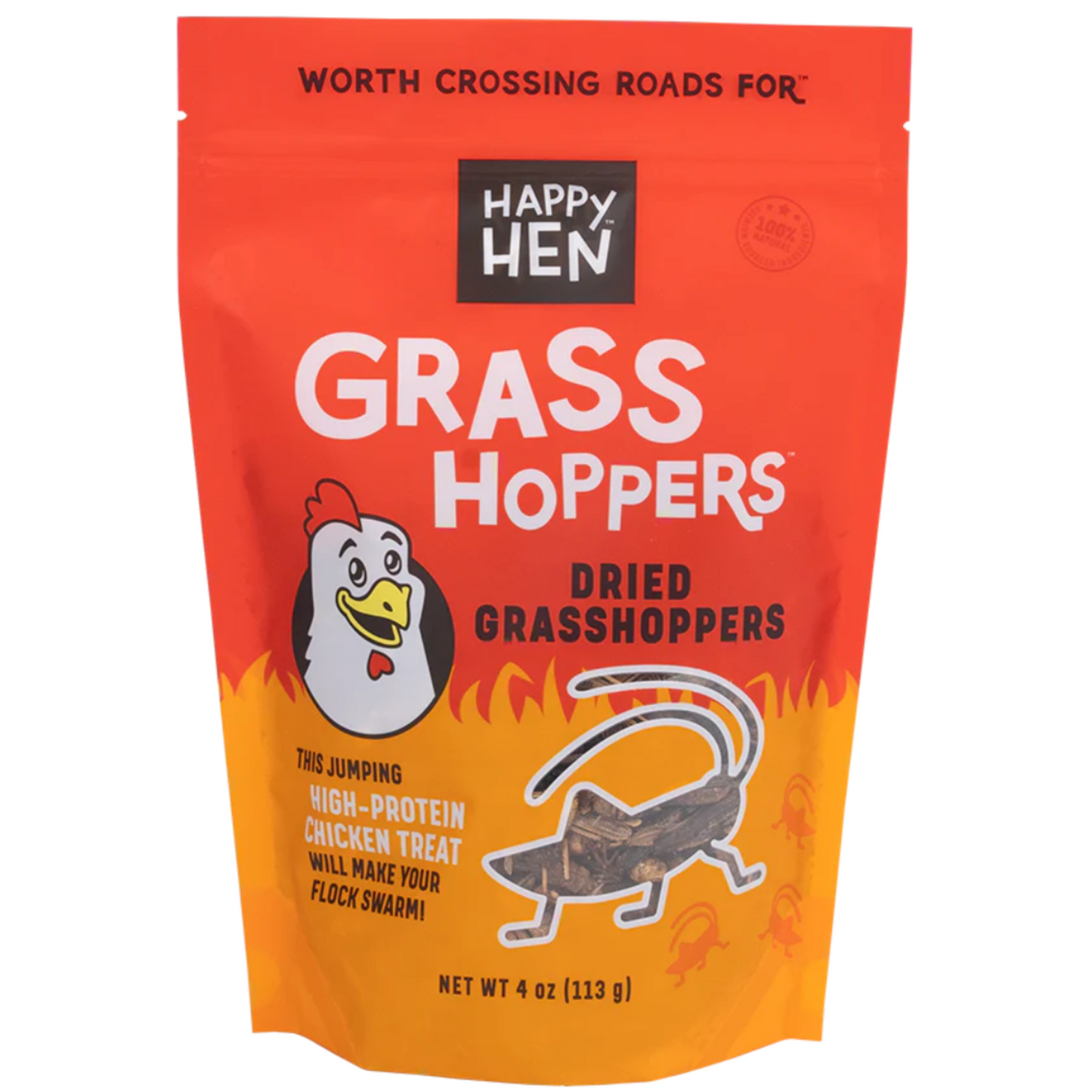 Orange bag of Happy Hen Grass Hoppers dried grasshopper package on a white background
