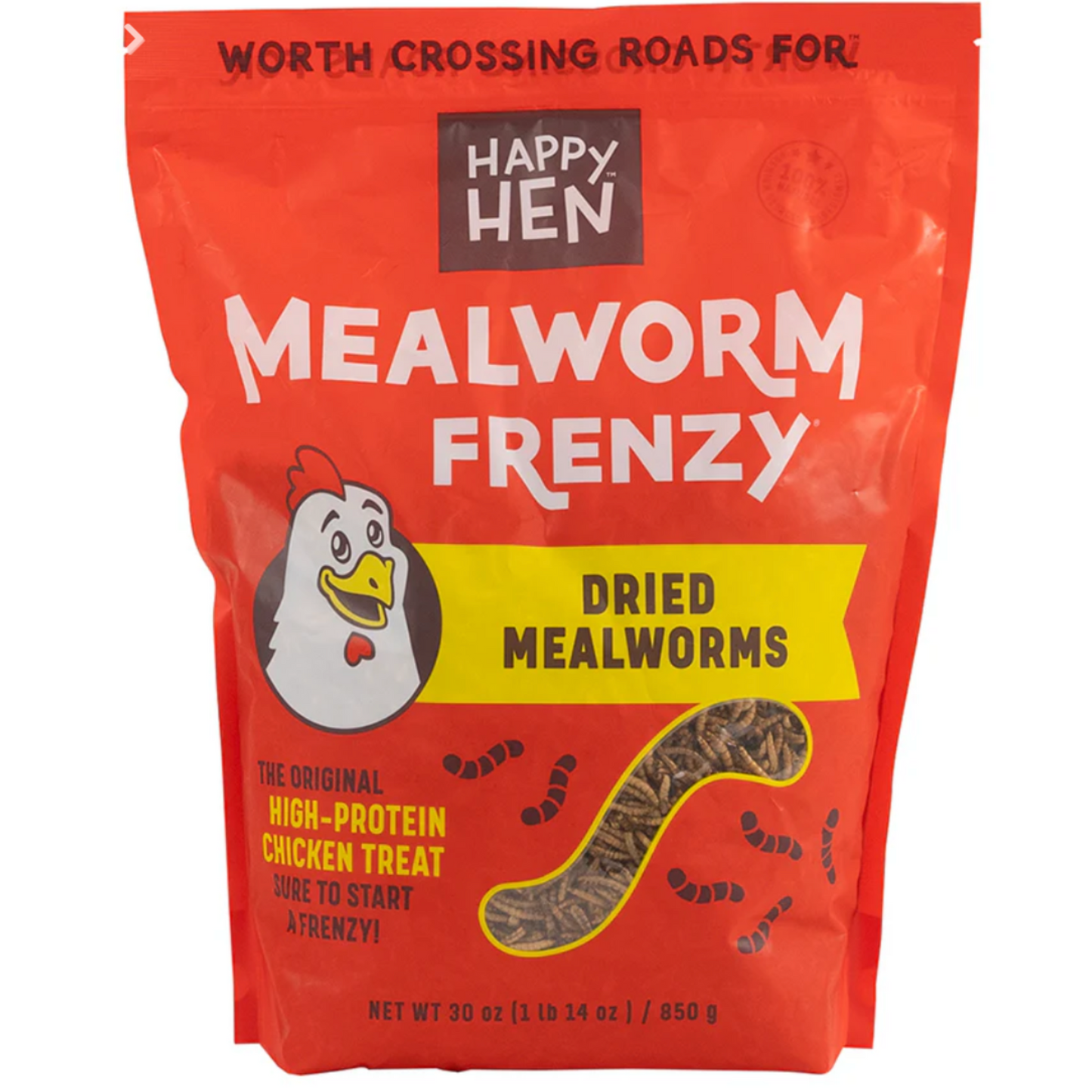 Happy Hen Mealworm Frenzy dried mealworms packaging on a white background
