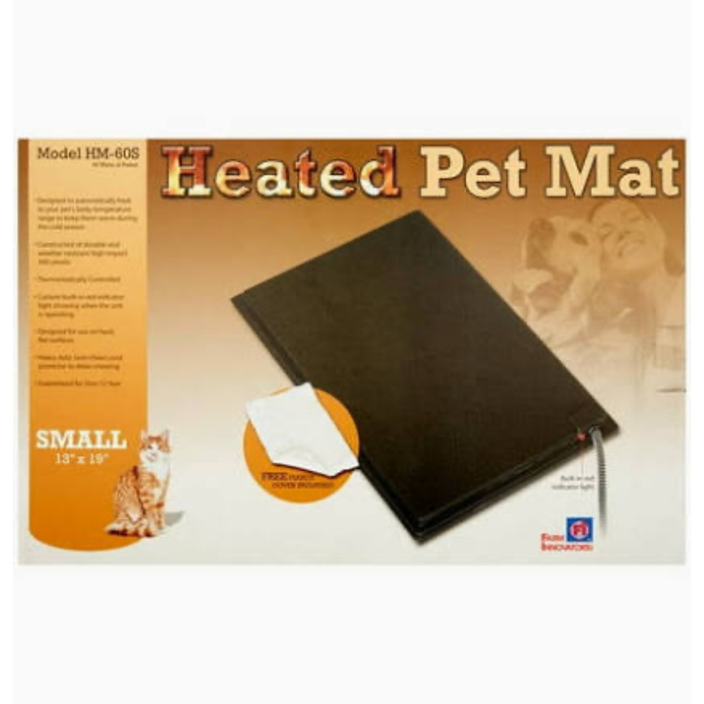 Heated pet mat packaging with a brown mat on a white background