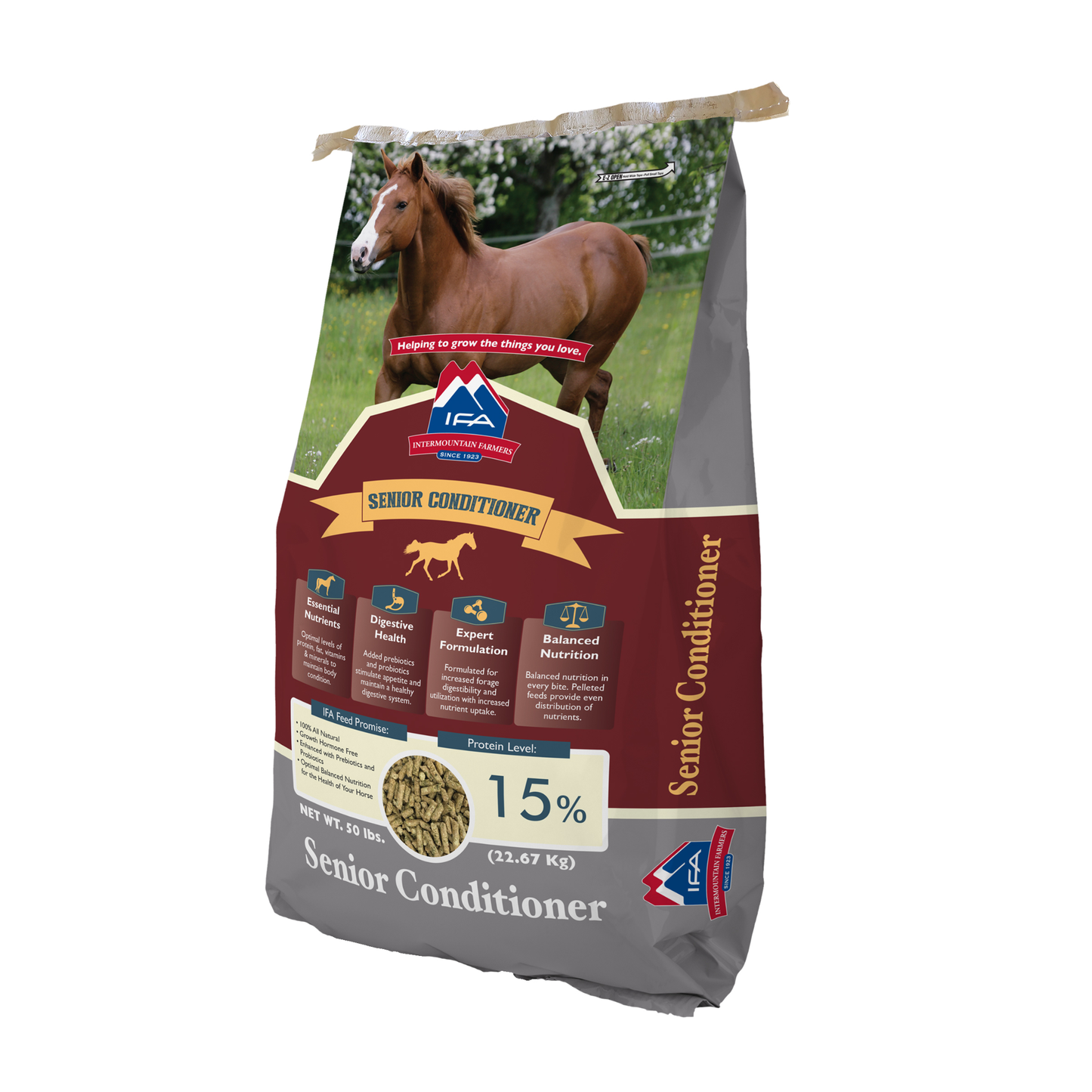 A 50 lb bag of IFA's Senior Conditioner horse feed, featuring a brown horse on the packaging, a maroon and gray design, and a 15% protein level indicator.