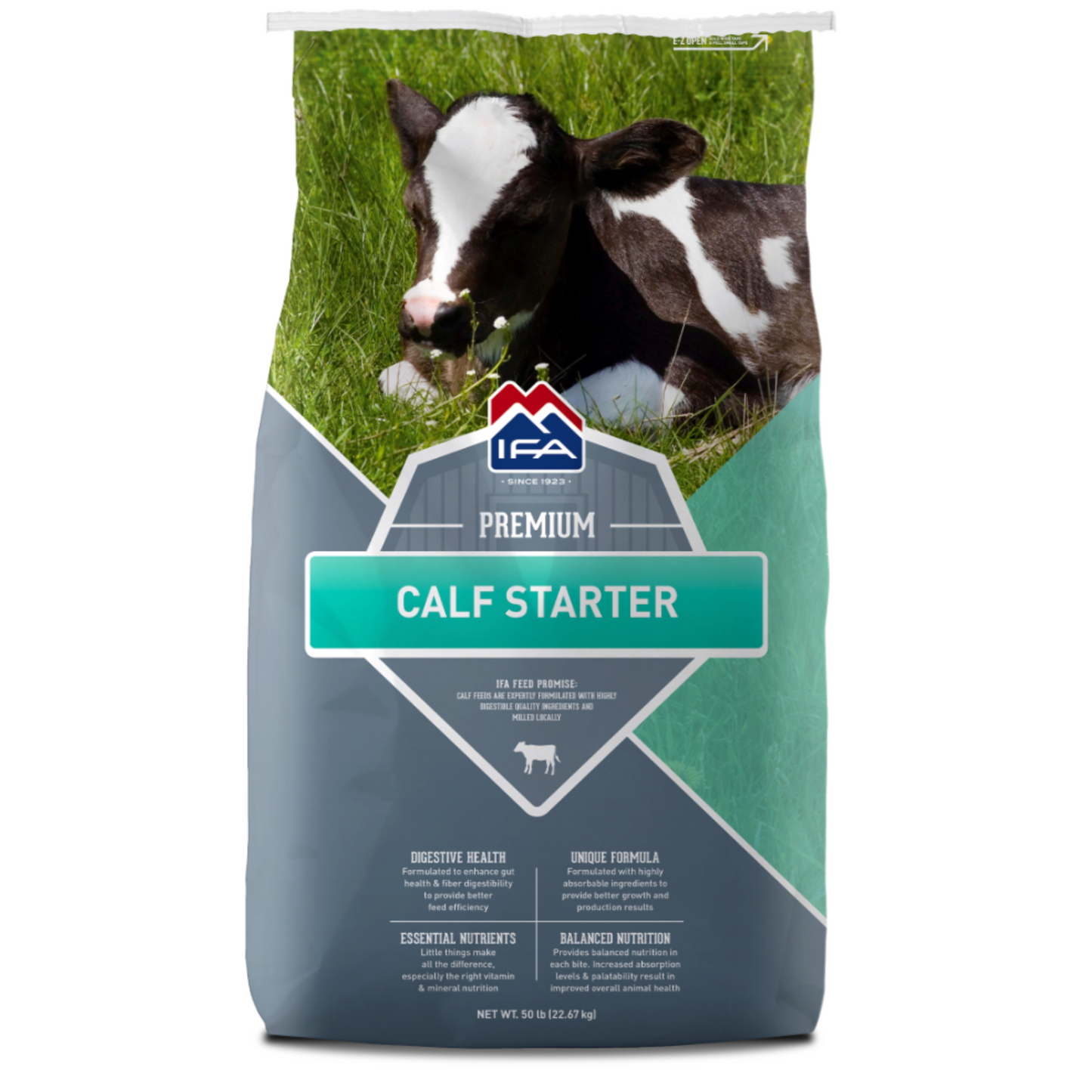 Bag of IFA Premium Calf Starter with a calf on a grassy background