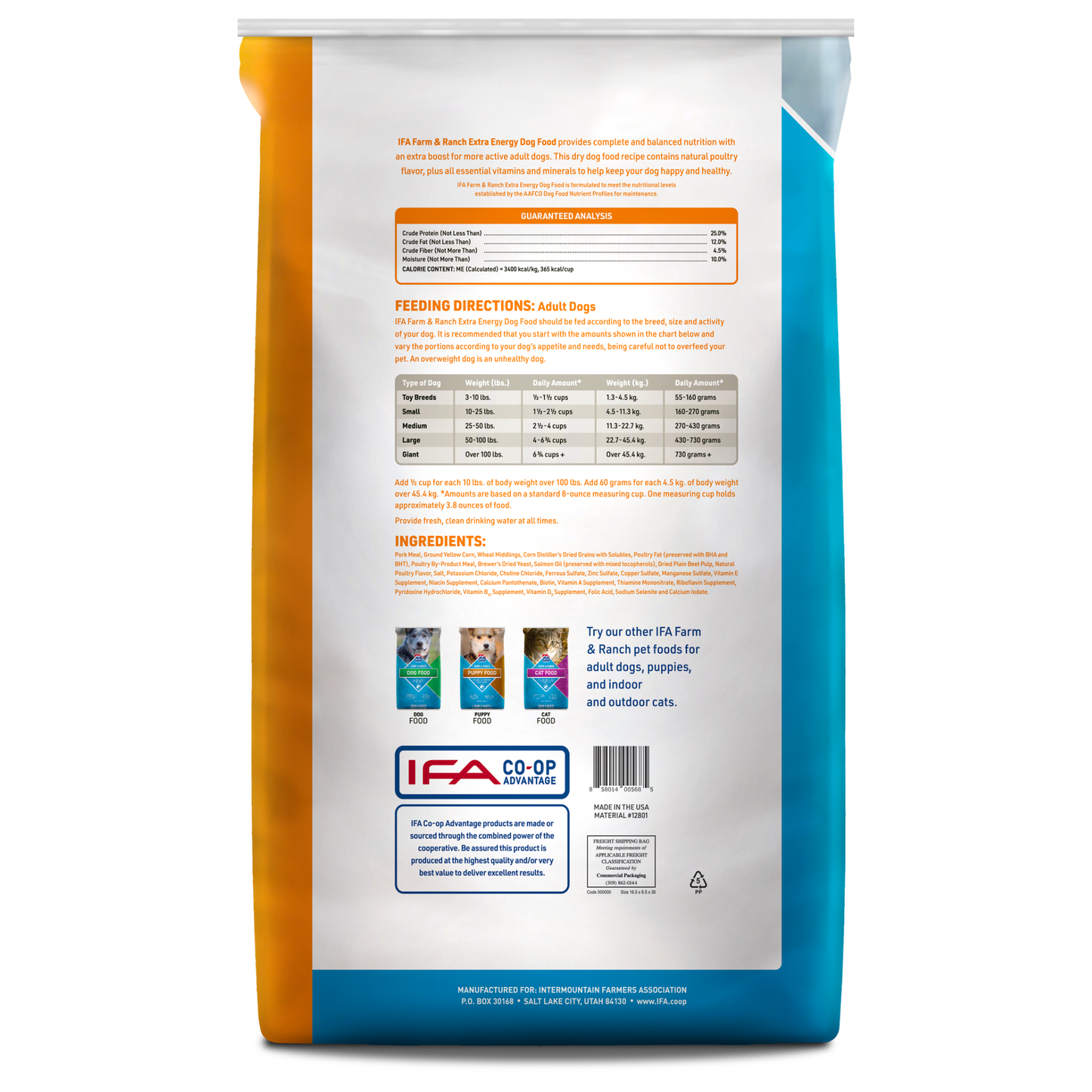 Back view of a pet food package with text and IFA logo.