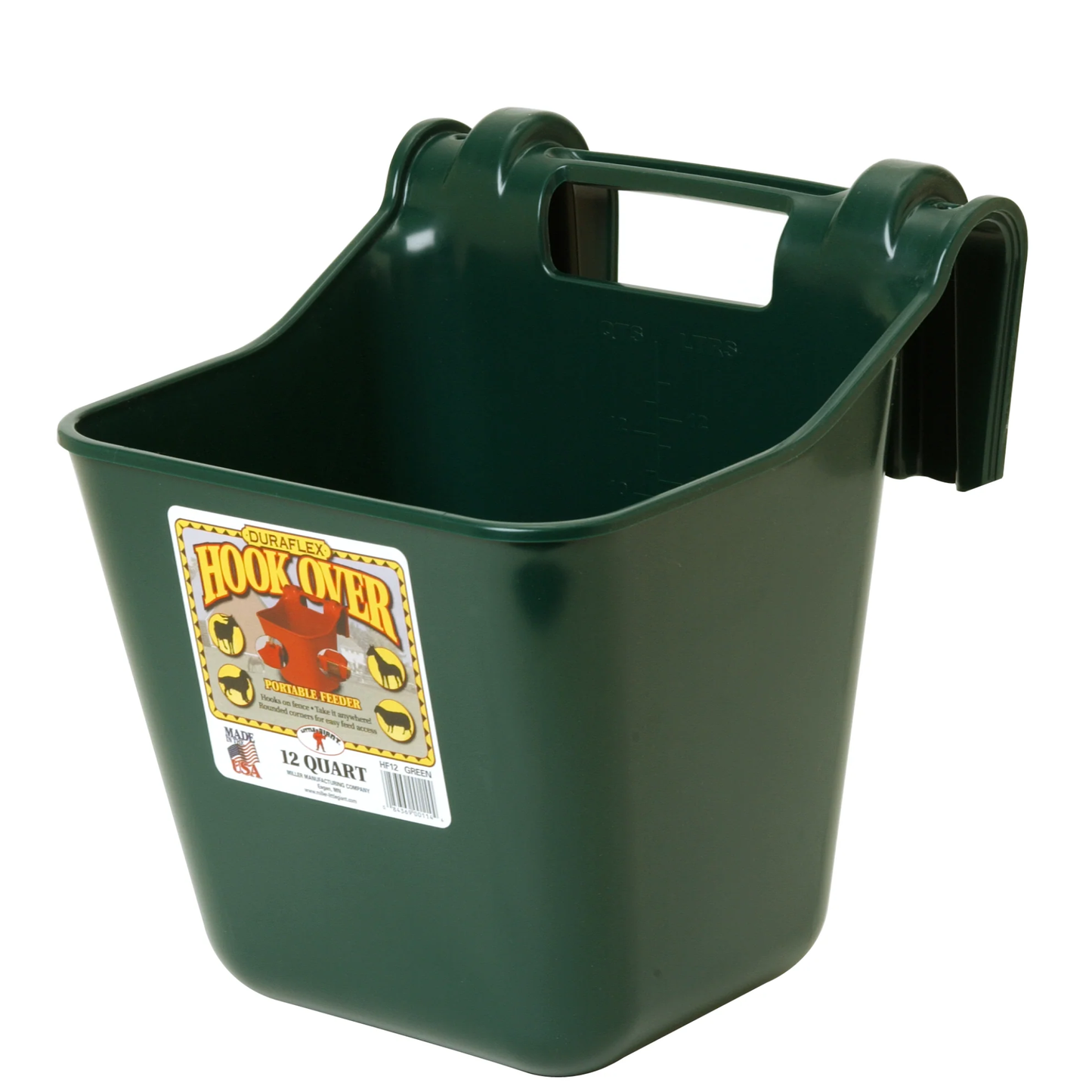 Green plastic feed bucket with a label on a white background