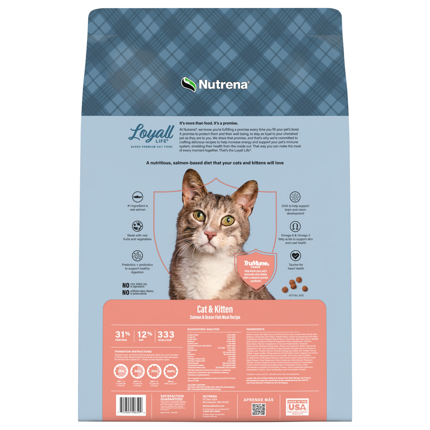 Nutrena cat food package with a blue and pink design featuring a cat on a white background.