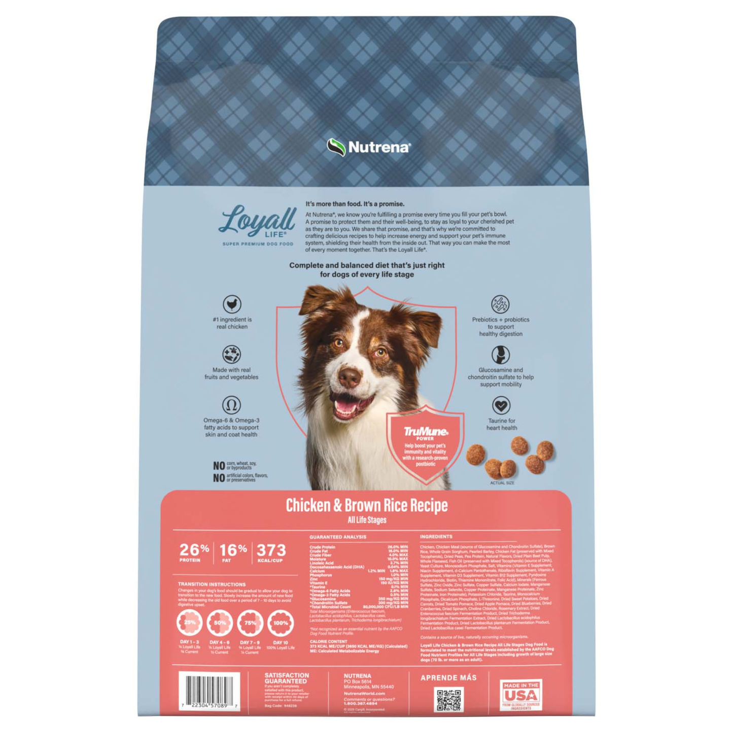 Dog food package with Nutrena branding and a blue and pink design featuring a dog.