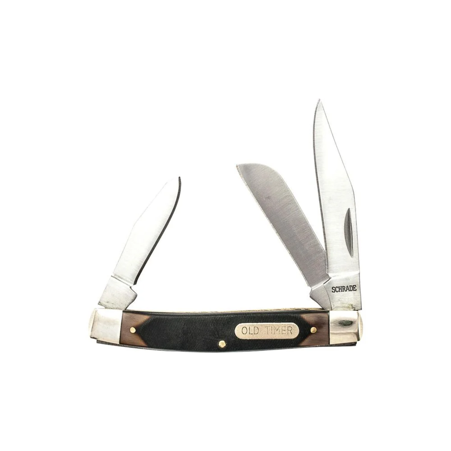Pocket knife with wooden handle and 'Old Timer' branding on a white background