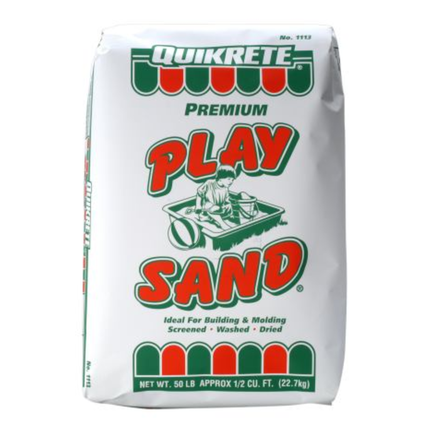 Bag of Quikrete Premium Play Sand on a white background