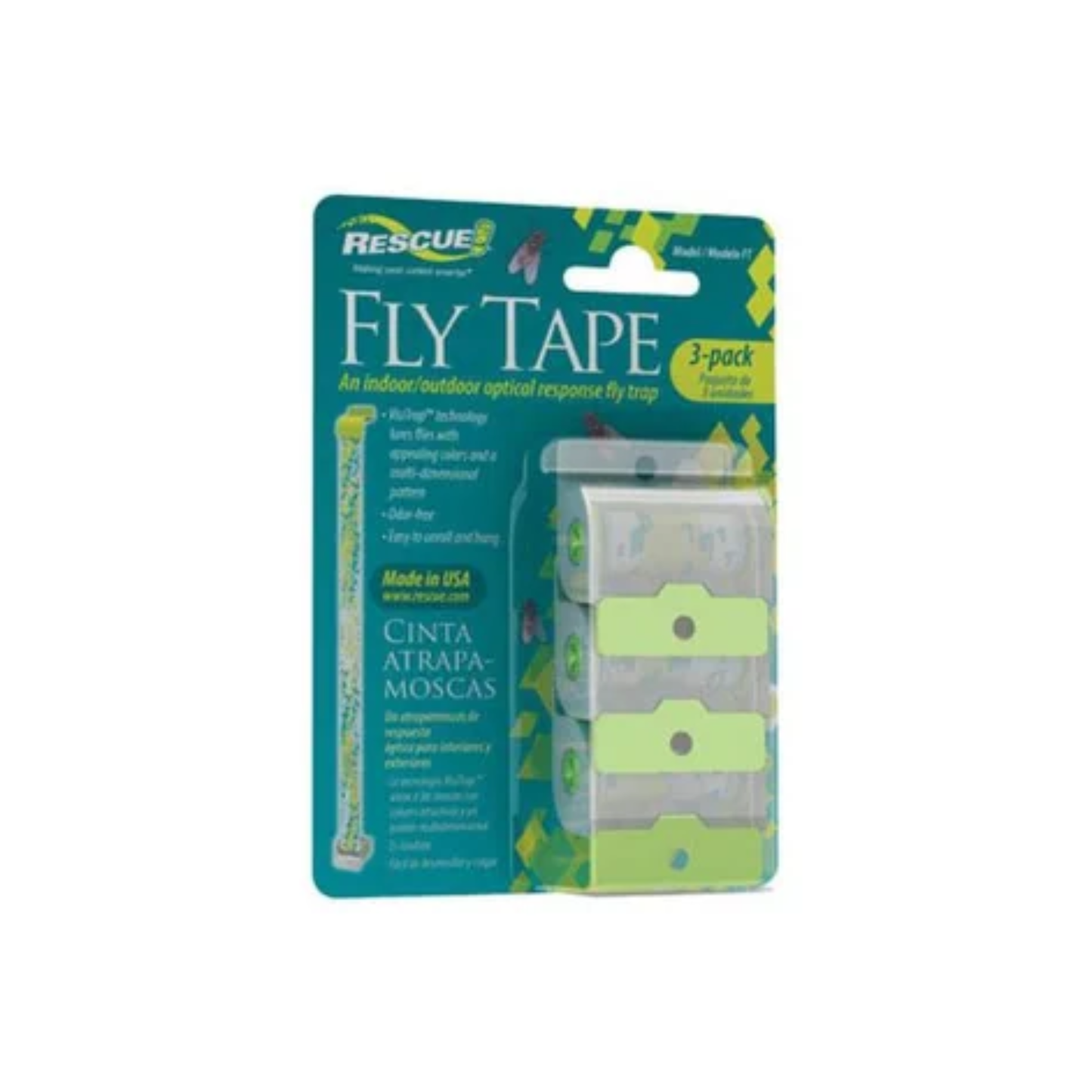 Packaged fly tape with Rescue branding on a white background