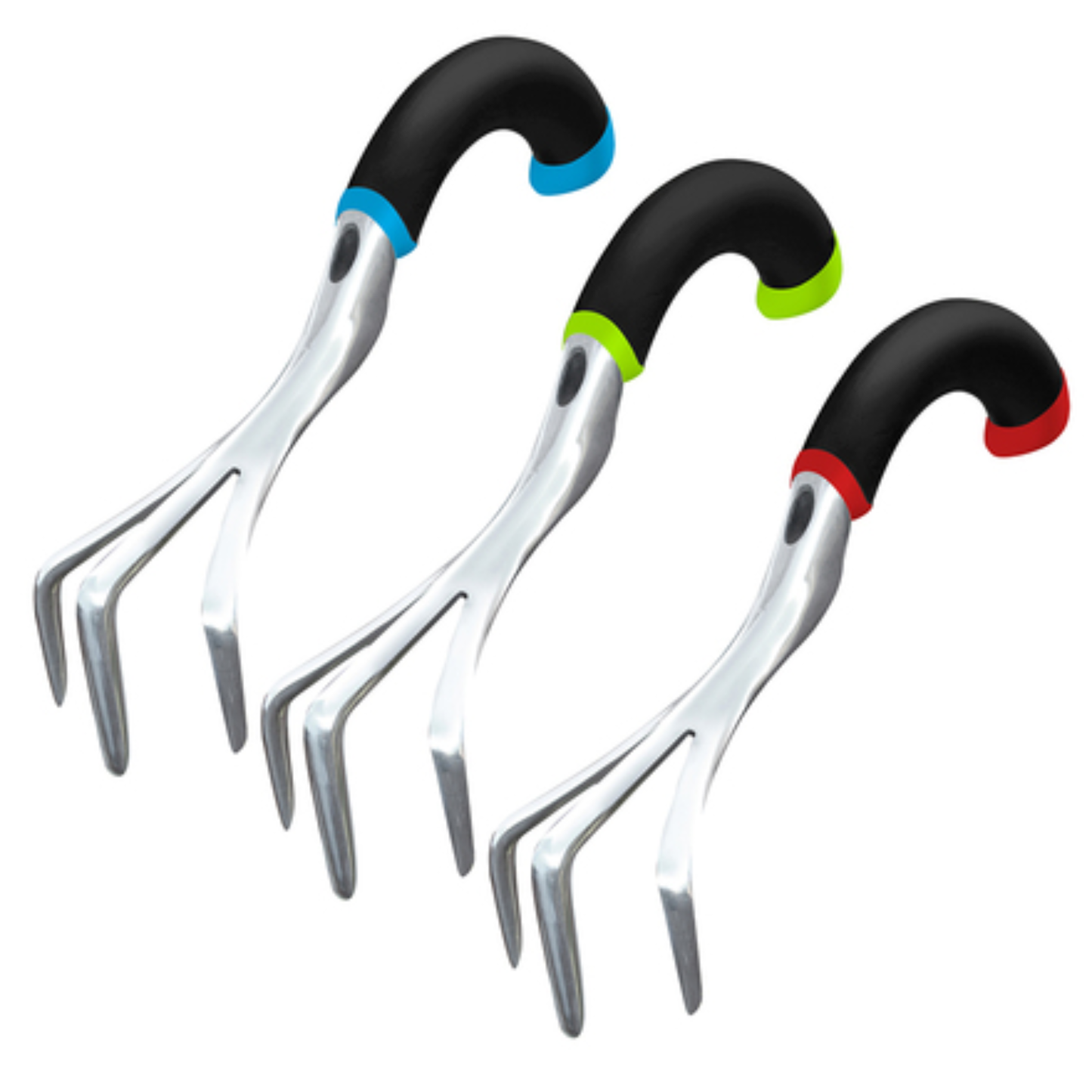 Three garden forks with colored handles on a white background