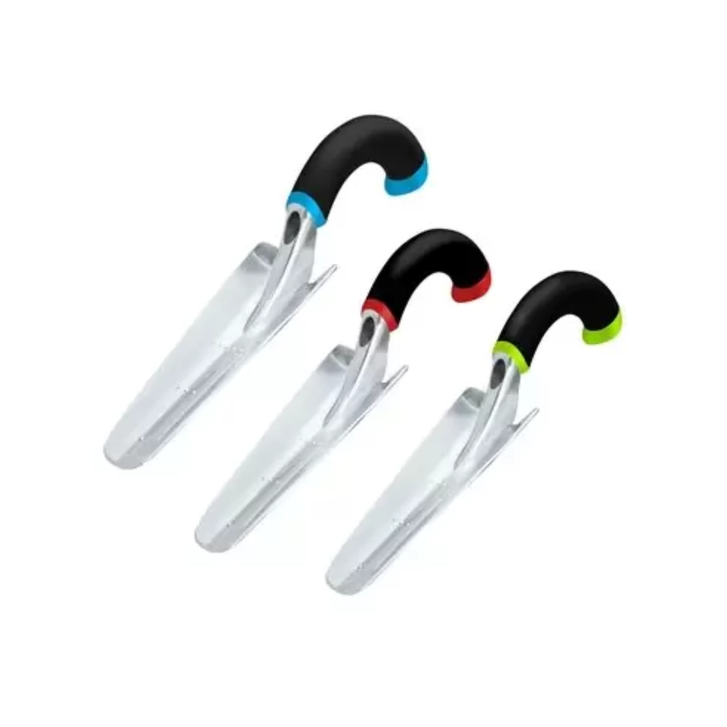Three garden trowels with colored handles on a white background