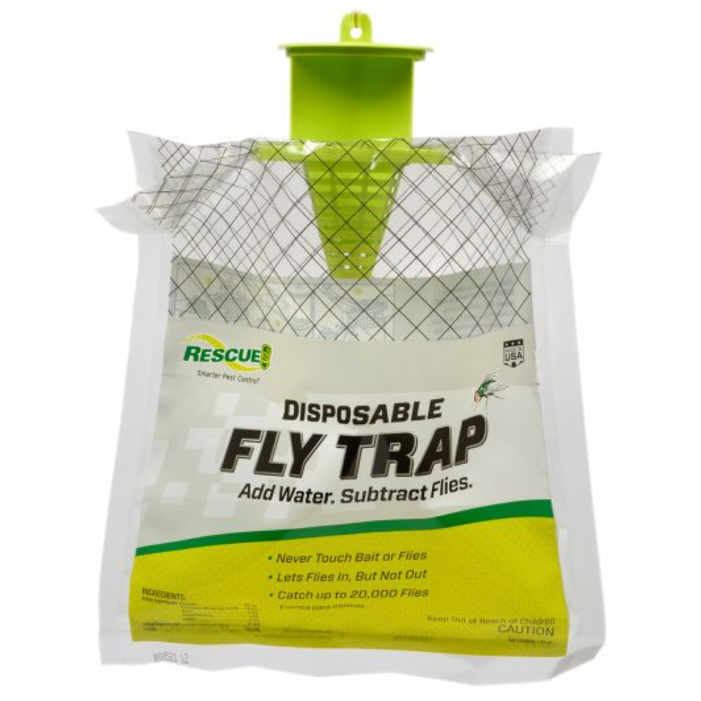 Disposable fly trap packaging with green lid on a white background