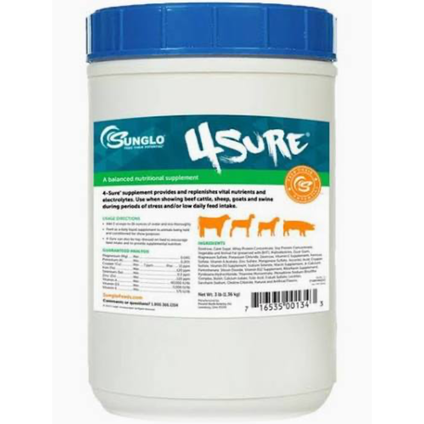 4Sure supplement container with blue lid on a white background