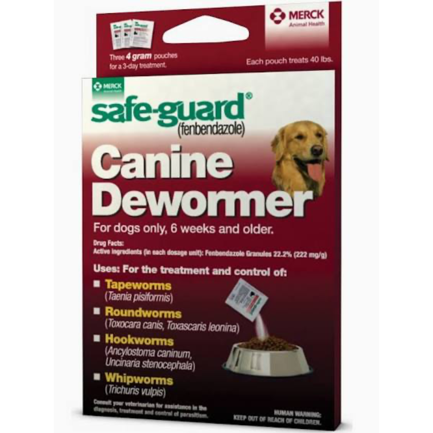 Safe-Guard Canine Dewormer packaging for dogs with a dog illustration on a white background.
