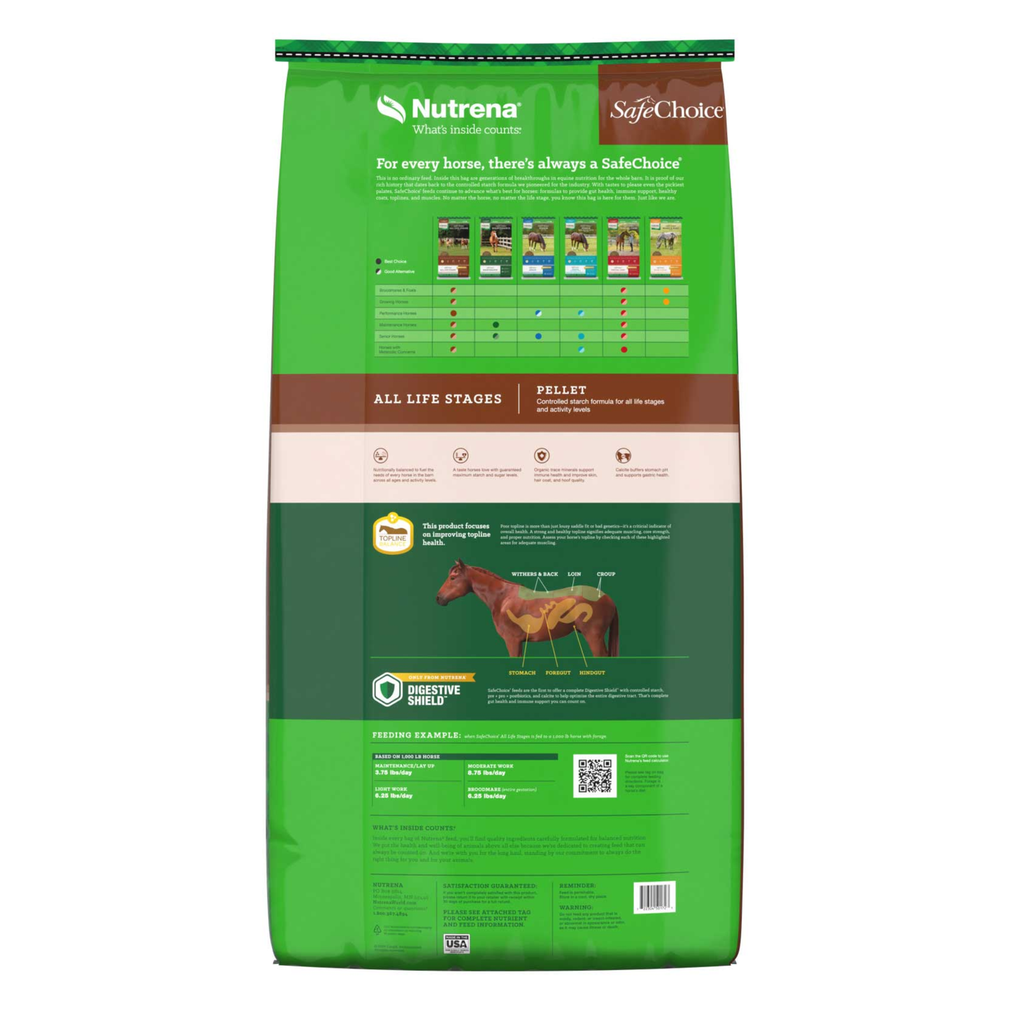 Green Nutrena SafeChoice horse feed bag on a white background