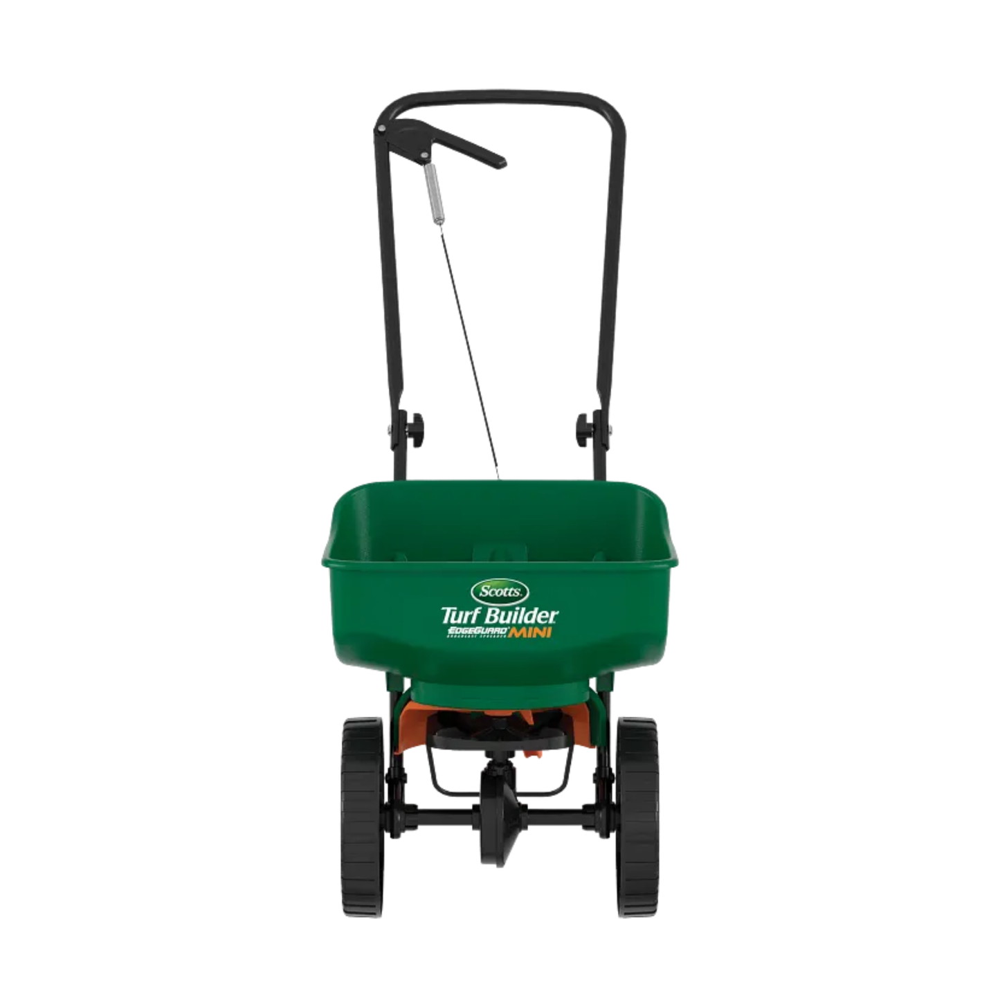 Green lawn spreader with Scotts logo on a white background