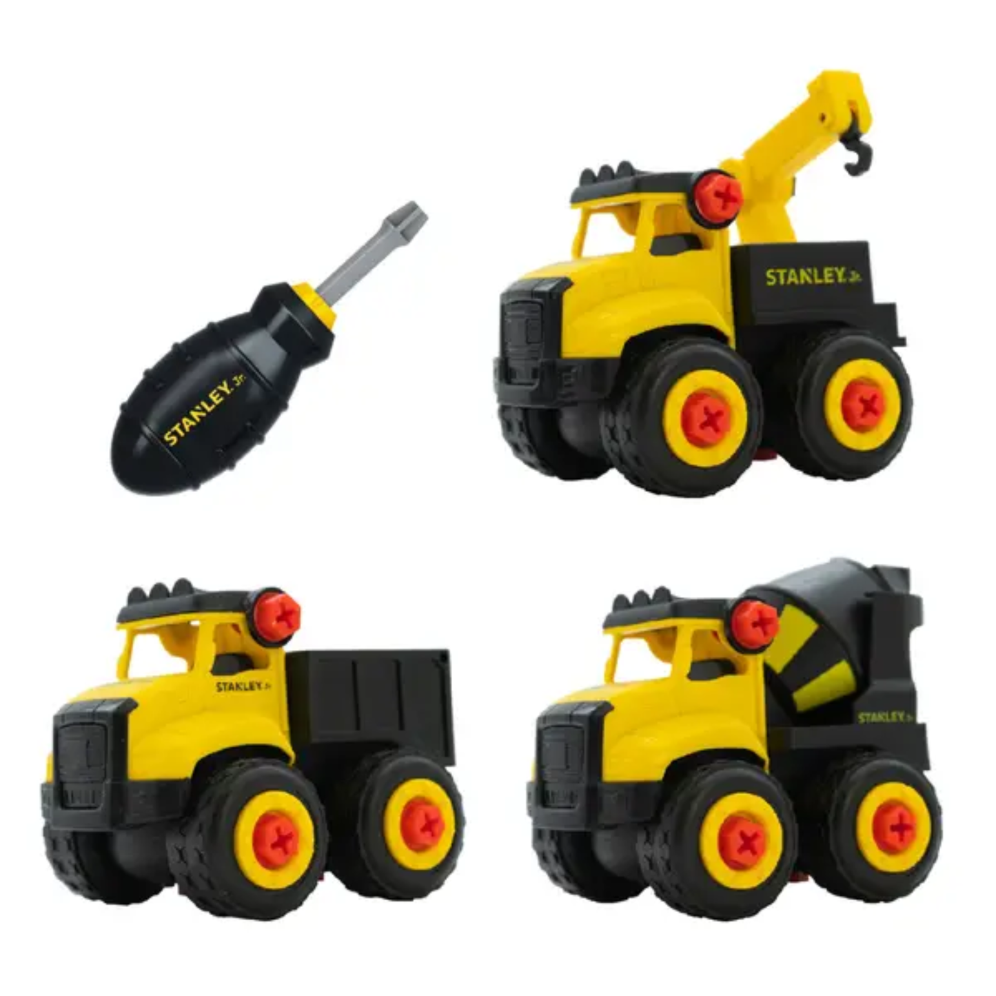 Stanley Jr. toy set with toy trucks and screwdriver on a white background