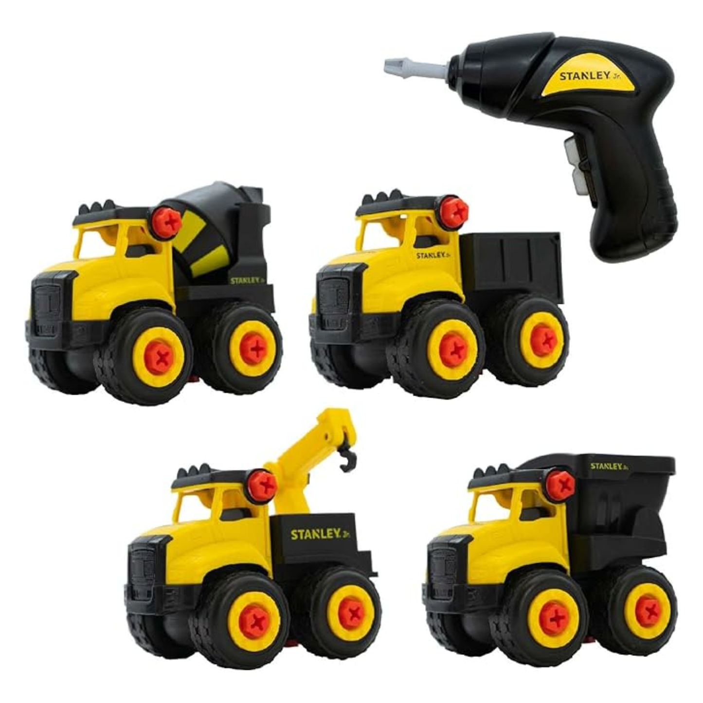 Stanley Jr. toy set toy trucks and screwdriver on a white background