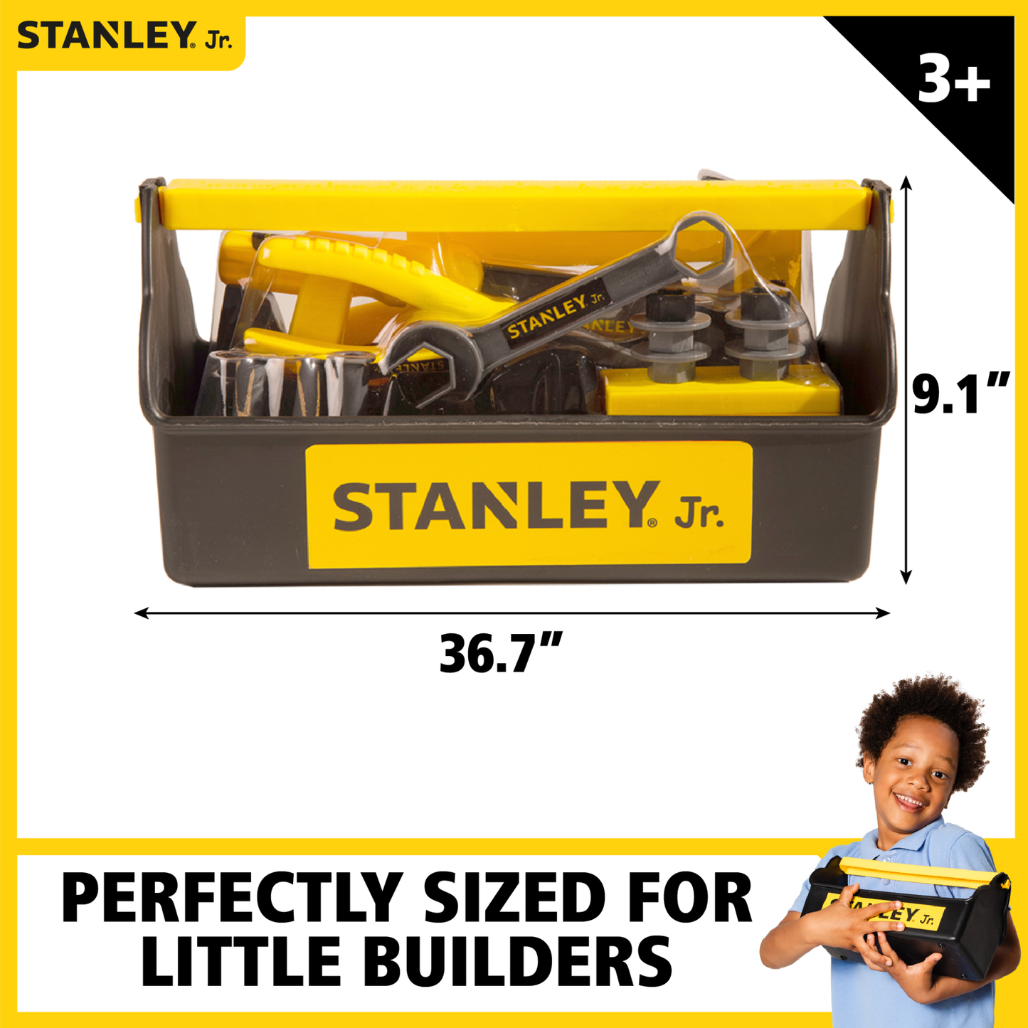 Black and yellow toy tool box with dimensions shown.