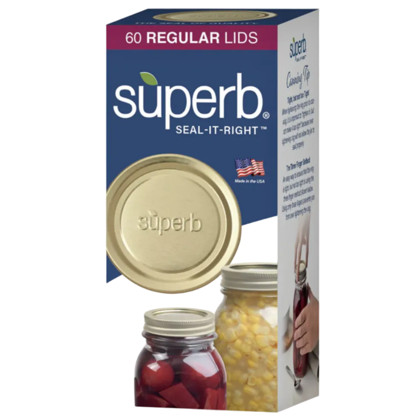 Box of Superb seal-it-right lids with a gold lid on a white background