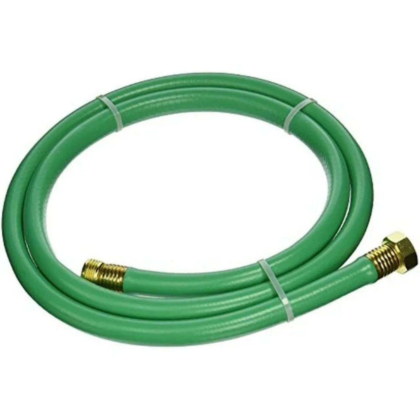 A green garden hose with female and male couplings.