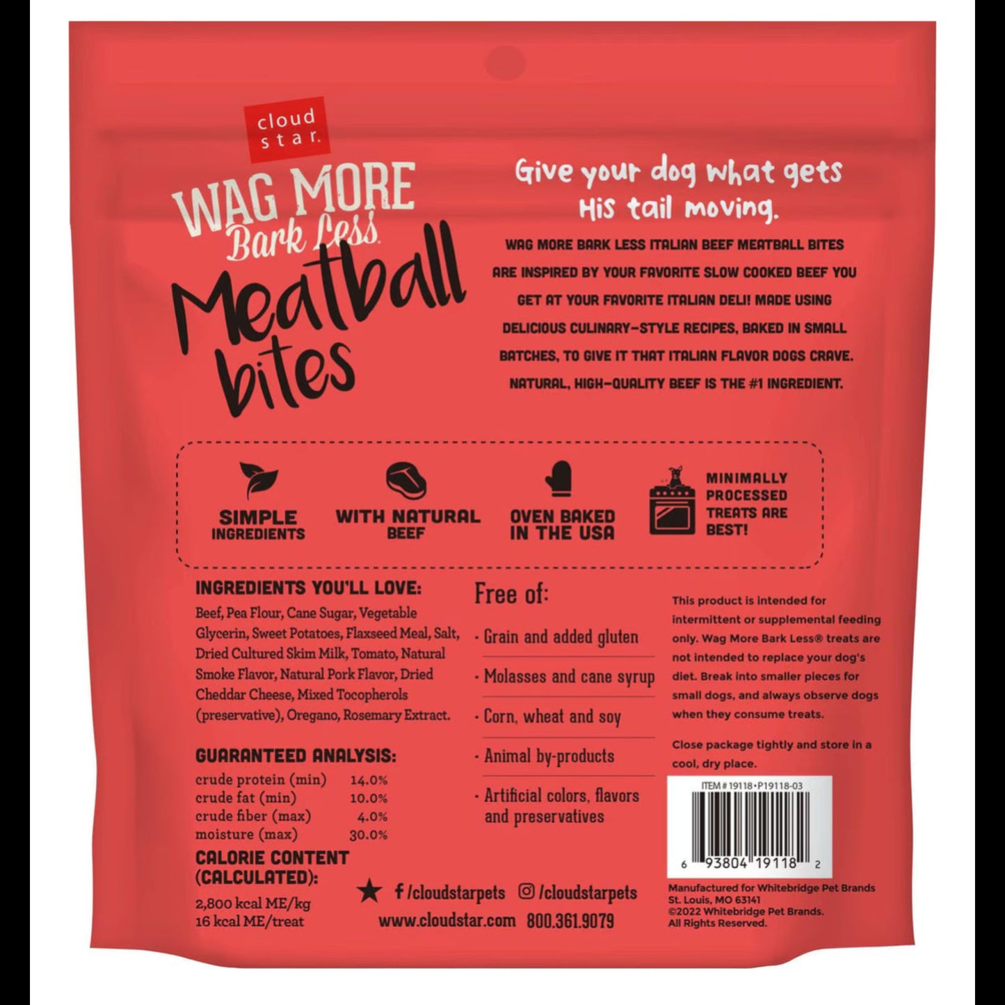 Back of Wag More Bark Less Meatball flavor dog treats on a white background