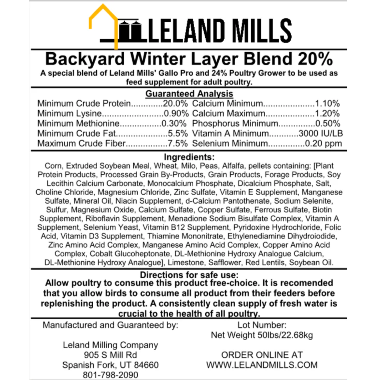 Leland Mills Backyard Winter Layer Blend 20% feed supplement label with guaranteed analysis and ingredients list.