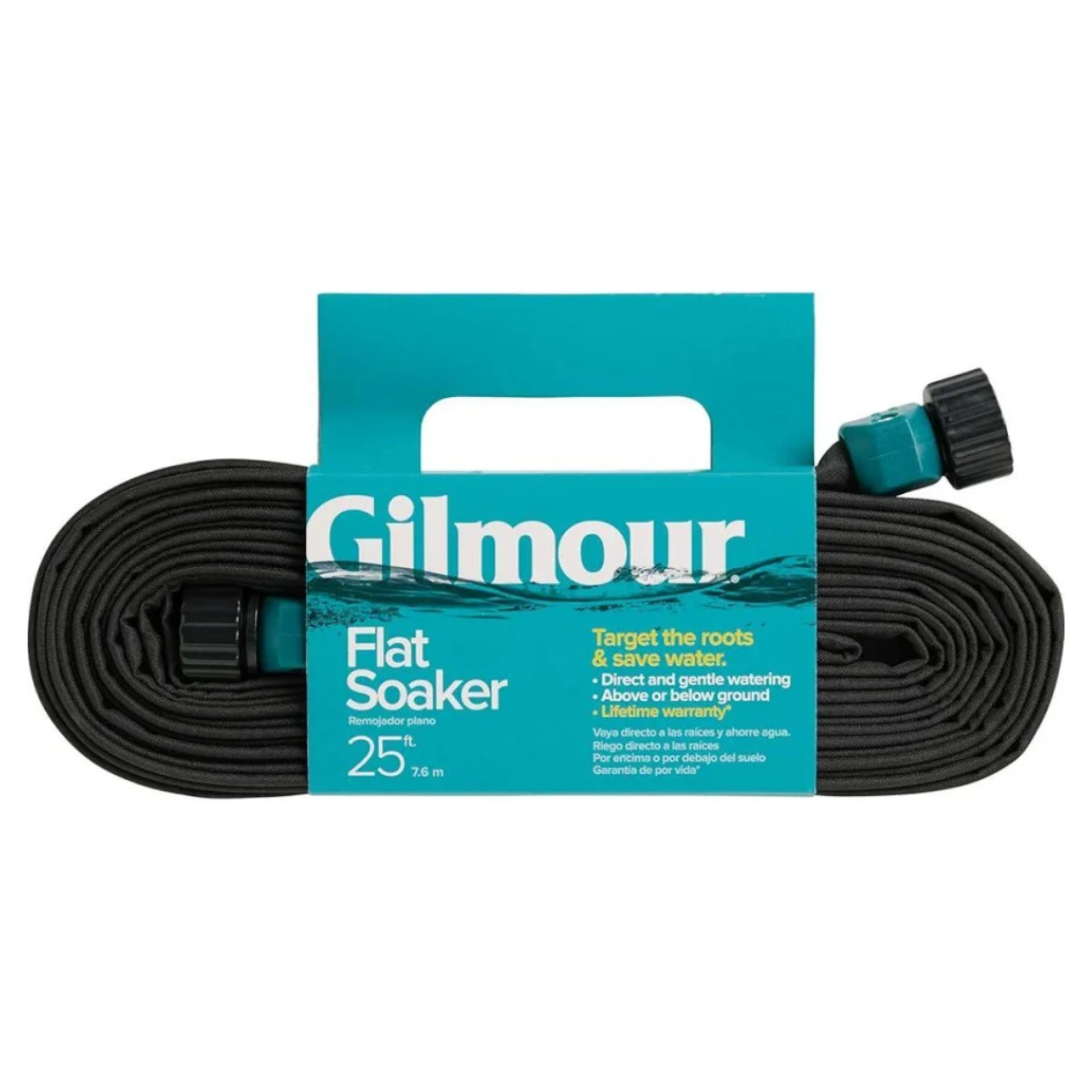 Gilmour flat soaker hose with packaging on a white background
