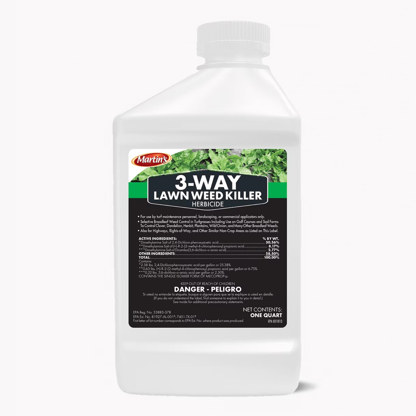 A bottle of Martin's 3-Way Lawn Weed Killer on a white background.