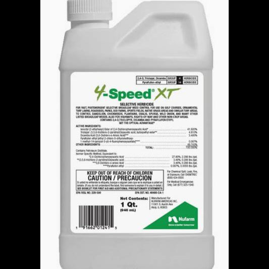A 1-gallon container of 4-SPEED XT herbicide with label information including active ingredients, usage instructions, and a barcode.