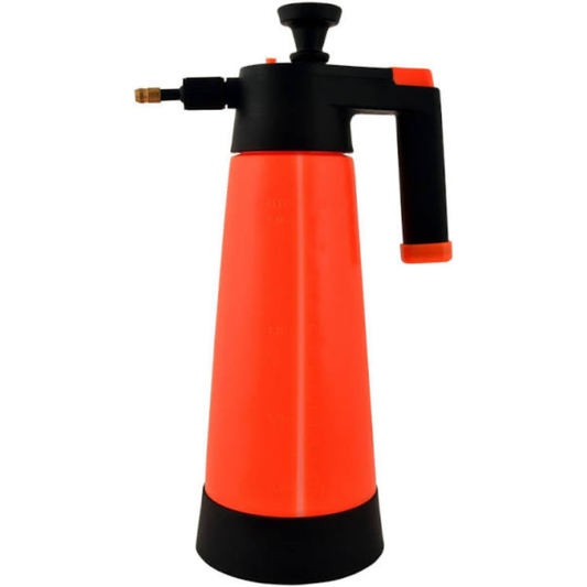 A handheld pressure sprayer with a bright orange plastic body and black plastic pump handle and base, featuring a brass nozzle on a plain white background.