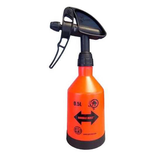 Orange spray bottle with black nozzle on a white background