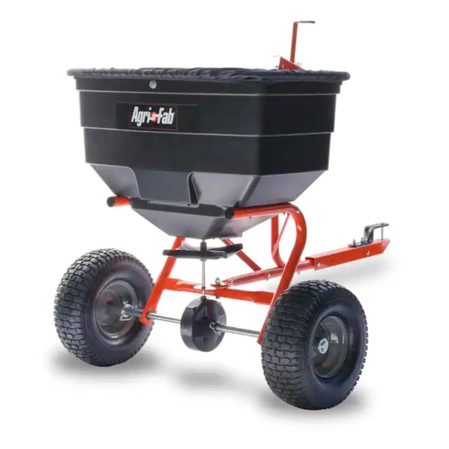 A black and orange fertilizer spreader on a white background.