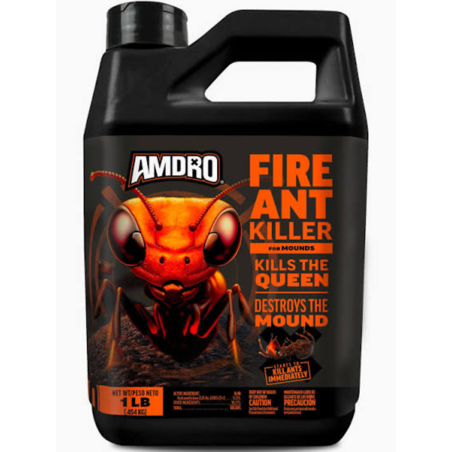 Amdro fire ant killer container with a large ant graphic on a white background