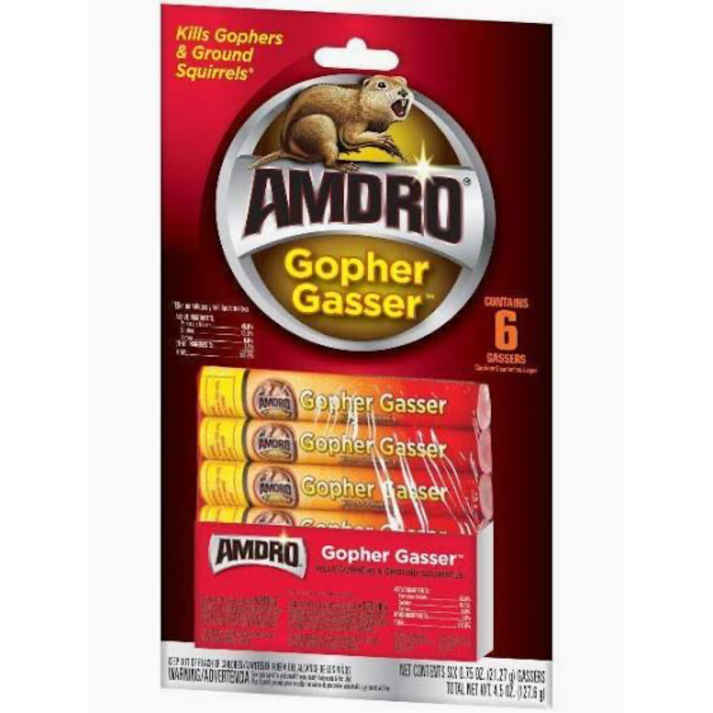 Amdro Gopher Gasser packaging with a red background and Amdro logo.
