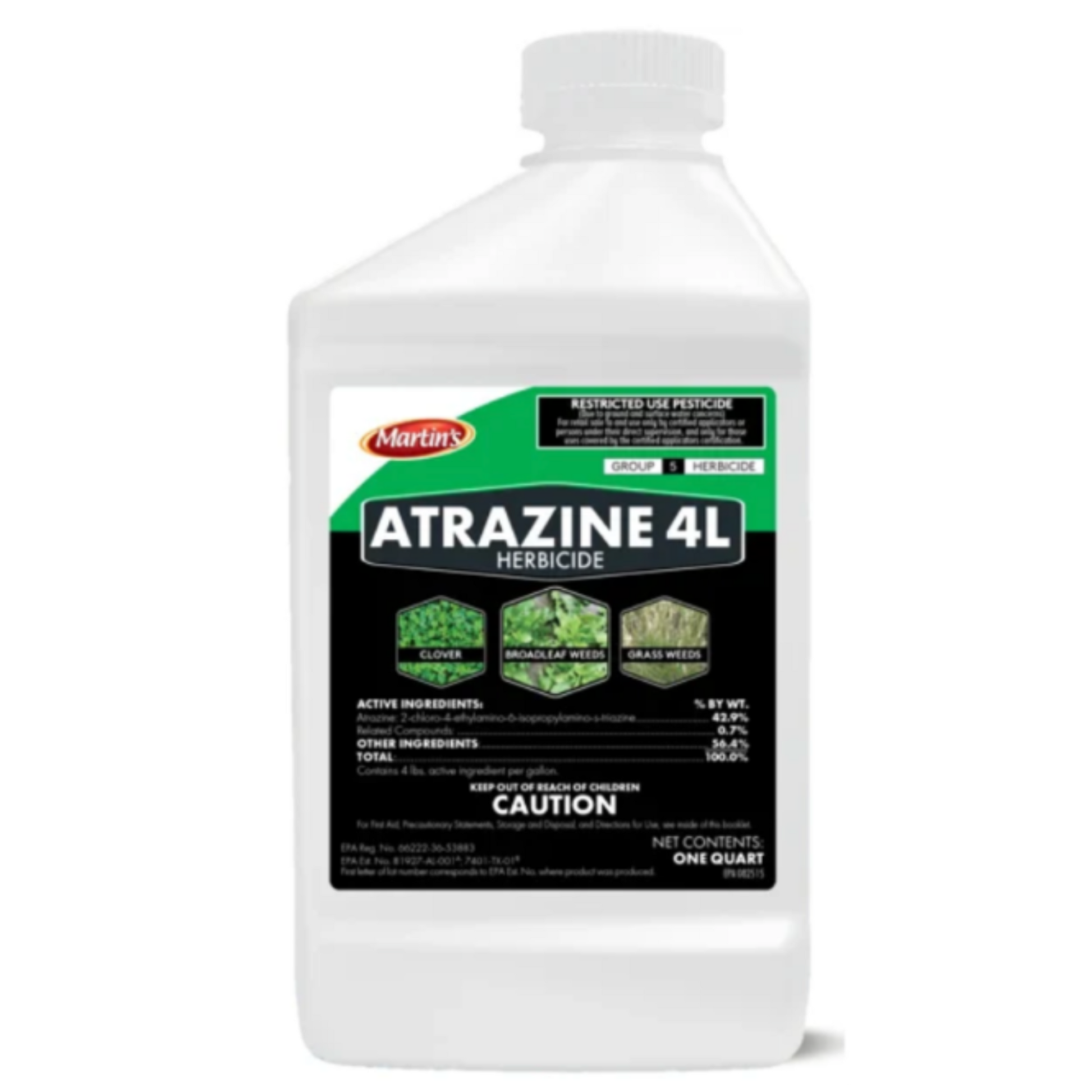 White bottle of Atrazine 4L herbicide with label on a white background